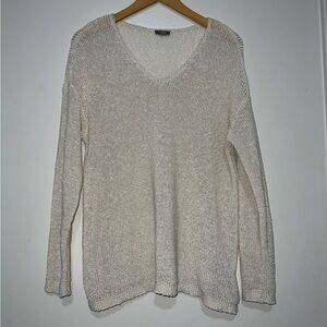 J Jill Sweater Womens Size M White Knit V Neck Long Sleeve Open Weave